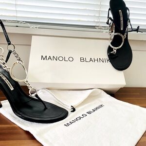 MANOLO BLAHNIK • Black Leather & Silver Chain Slingback Heels • Size 8B / 38